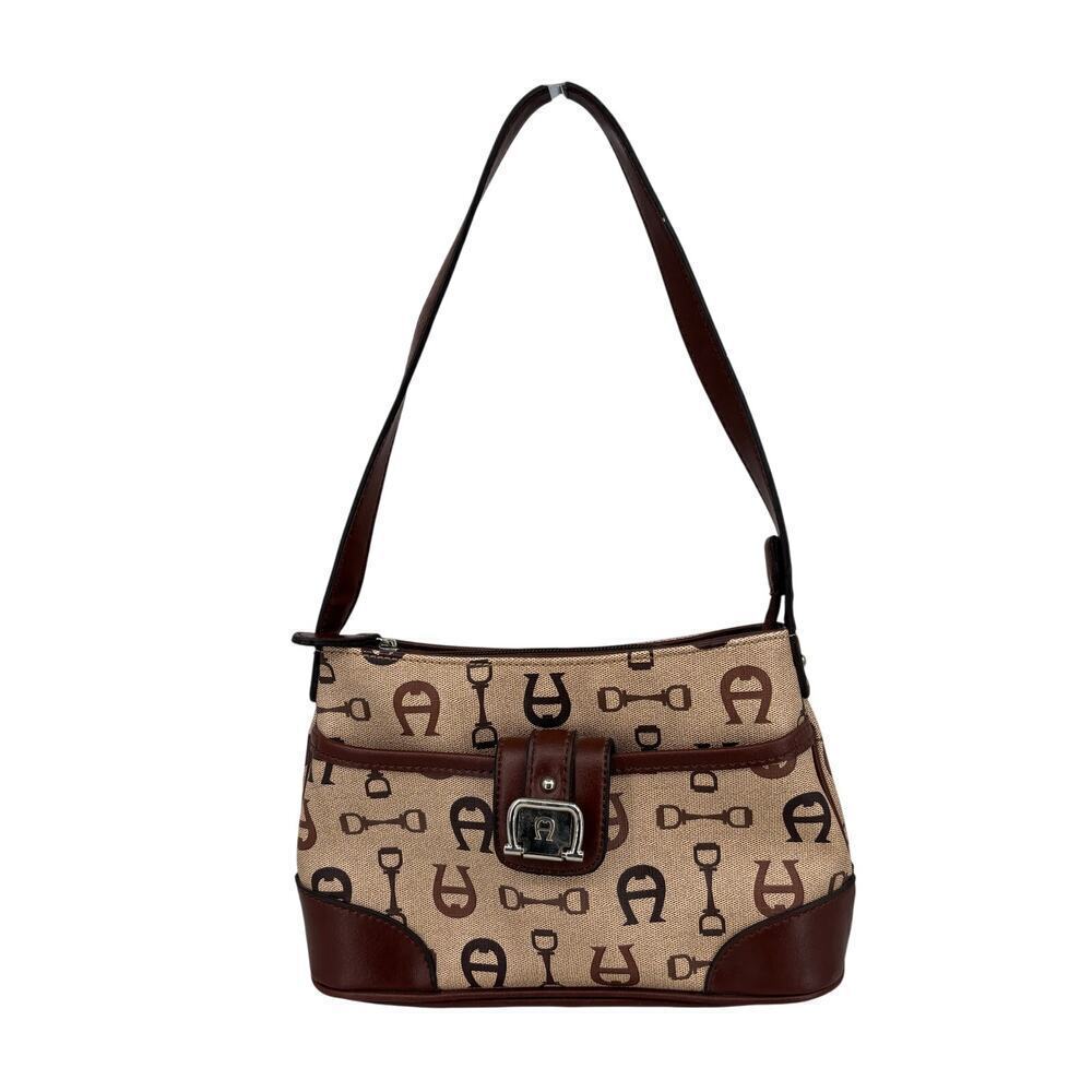 Etienne Aigner Handbag Tan Brown Canvas Leather Trim Traditional Logo